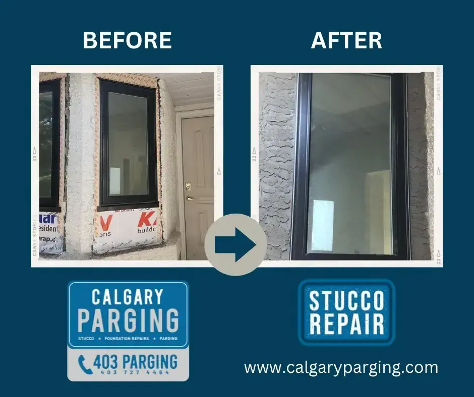 Before and after stucco repair around a window perimeter in Calgary