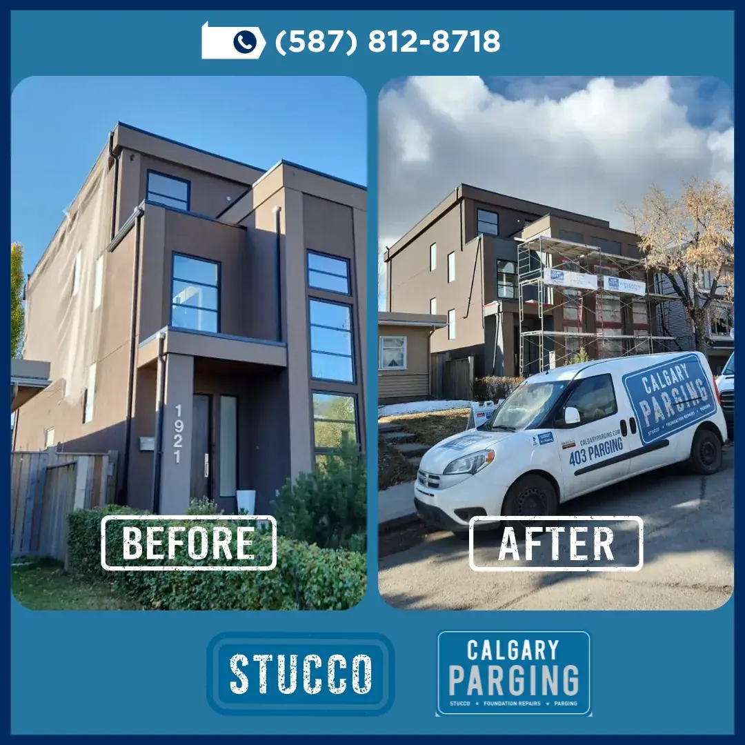 Before and after new stucco installation on a Calgary home
