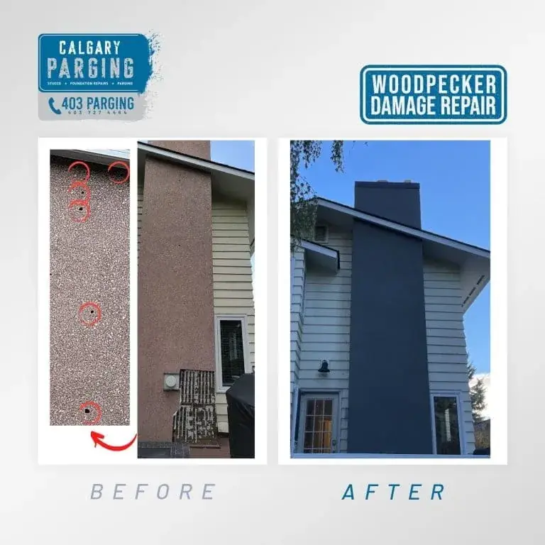 Before and after new acrylic floated stucco finish on a Calgary home